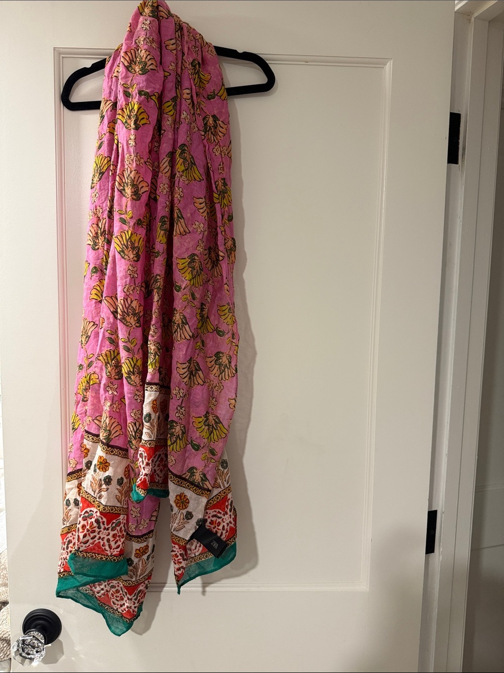 Zara Pink Floral Border Scarf with Teal Trim